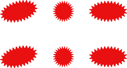 Starburst red sticker set - collection of special offer sale oval and round shaped sunburst labels and badges. Promo stickers with star edges. Vector.