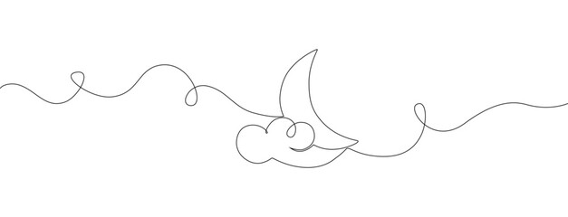 One continuous line drawing of the Moon and clouds. Ramadan Kareem banner in simple linear style. Sleep symbol with crescent moon in editable stroke. Doodle contour vector illustration