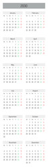Monthly calendar of year 2030. Week starts on Monday. Block of months in two columns vertical arrangement. Simple thin minimalist design. Vector illustration.