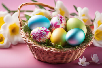 Fototapeta na wymiar Basket with colorful Easter eggs and blooming flowers on the table on pink background.