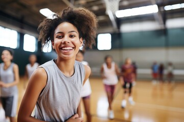 African ameican child girl on a basketball court at the school