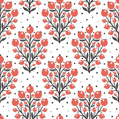 Hand drawn decorative doodle berries seamless pattern, silhouette scandinavian simple flower texture