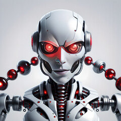 Ein aggressiver gefährlicher Roboter mit künstlicher Intelligenz. Die Maschine hat Rote Augen und ist auf weißem Hintergrund. - obrazy, fototapety, plakaty