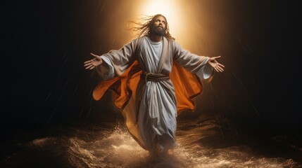 Jesus walks towards the light on the water during a violent storm. See a miracle. The concept of divine power and faith. Illustration for cover, card, postcard, interior design, decor or print.