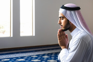 Young Arabic Muslim man praying. Celebration of the sacred Ramadan.