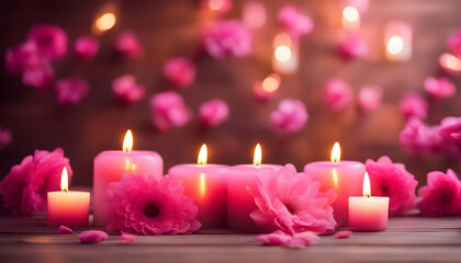 Obraz na płótnie Canvas Colorful dreamy candles background on wooden table surrounded with pink flowers.