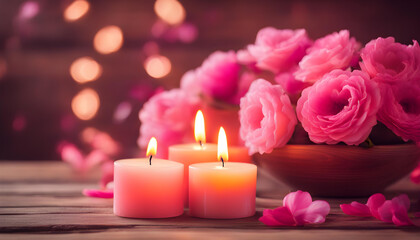 Obraz na płótnie Canvas candle and rose petals in the wooden background