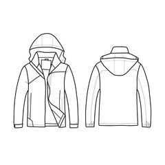 Vector Illustration of Mens Jacket Waterproof Lightweight Mountain Sport Jacket design Line art. Hand drawn front and rear view. Men Hooded Windbreaker Raincoat, Isolated on white background © didiwidjanarko