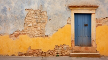 Fototapeta premium The dilapidated wall of the building and the wooden door require major repairs. Facade of a house with damaged plaster. Photophone for retro shooting. Illustration for cover, card, interior design.