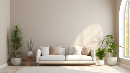 Minimalist home interior design of modern living room. White sofa and potted houseplants against arched window near beige wall with copy space.