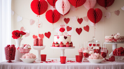 Beautiful St Valentines Day party table with showstopper red, white and pink hearts double layer...