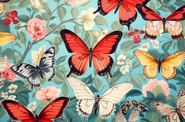 Butterflies and flowers on light blue background colourful setting. 