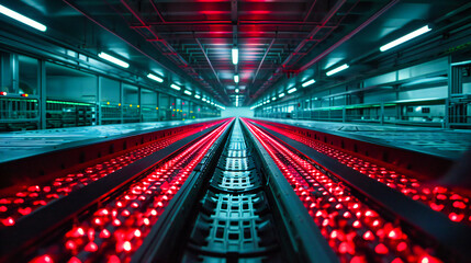 Futuristic Corridor: Modern Design with Blue and Red Lights in a Technological Environment