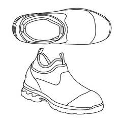 Template vector Mens Garden Shoes Waterproof Slip On Rain Shoes, suitable for your  Rain Boots shoes design, outline vector doodle illustration, side and top view, isolated on white background