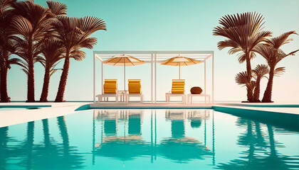 Fototapeta na wymiar Big swimming pool at resort spa hotel, luxury resort swimming pool and deck chairs minimalist background , Ai generated image