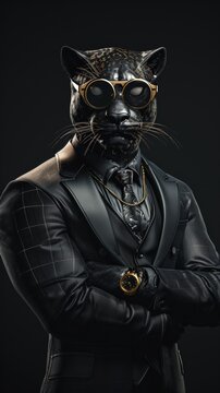 Black Panther Mask and Elegant Suit Posing in Dark Studio