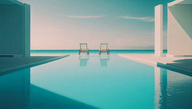 Big swimming pool at resort spa hotel, luxury resort swimming pool and deck chairs minimalist background , Ai generated image