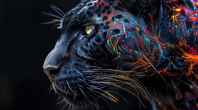 Majestic Black Panther With Vibrant Neon Paint Splatters Against A Dark Background