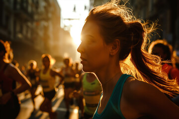 Portrait of a Female Runner, sunset, marathon. 