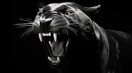 Close-up of the muzzle of an enraged black panther. Toothed big cat in monochrome style. Animal in habitat. Natural background. Illustration for cover, postcard, interior design, banner, brochure, etc