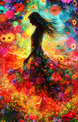 An artistic representation of a woman amidst a kaleidoscope of vivid flowers and lights, symbolizing joy and creativity.
