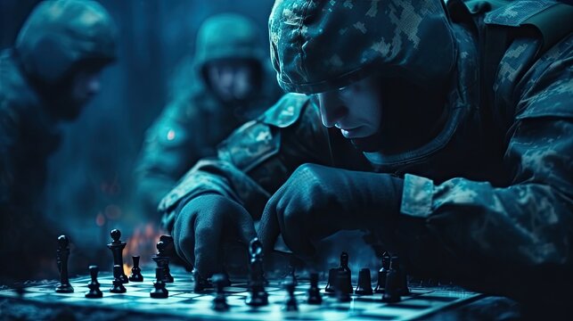 A military man sits at a chessboard and strategizes military action. The concept of offensive or defensive tactics. Design for banner, flyer, poster, cover or brochure. Illustration for varied design.