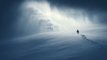 A climber walking on snowy terrain. Professional hiking. Traveler in the icy desert. Tourism or sport life style concept. Illustration for cover, card, postcard, interior design, decor or print.