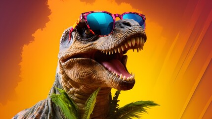 Naklejka premium Old school cool with dinosaur wearing sunglasses in studio on vibrant background