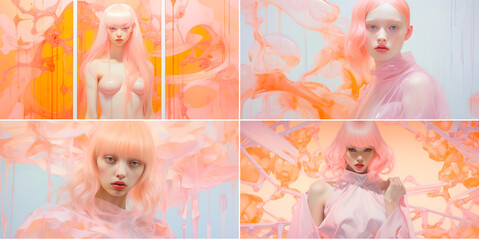 The style used is nu-gothic with pink, light white and light orange colors. Creates a soft and dreamy atmosphere. A girl in pink is depicted on a pink background.