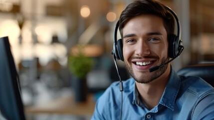happy Male contract service representative telemarketing operator smiling to camera. Happy man call...