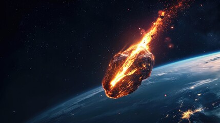 a huge gigantic burning asteroid in space flyng towards the planet earth, meteorite