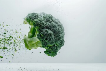 Green broccoli levitating on white background