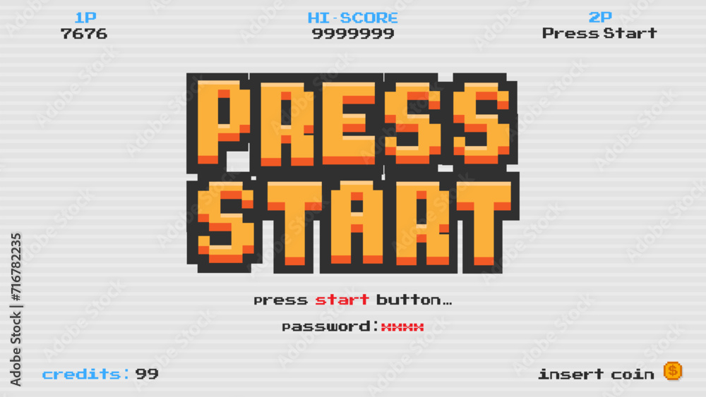Poster press start insert a coin to continue .pixel art .8 bit game.retro game. for game assets in vector i