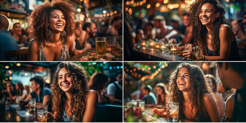A group of friends having a great time in a bar-restaurant. Celebrate and enjoy the weekend together. Multiracial group representing diversity and inclusion. lifestyle concept, - obrazy, fototapety, plakaty
