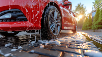 Red car being washed, with soap suds dripping off its body, highlighting the gleaming exterior.