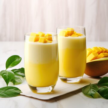 Fresh mango lassi in glasses on white background