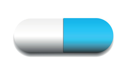 An image of a blue-and-white capsule tablet on a white background.