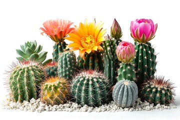 Colorful Flower cactus plants and cactus pots set on white background