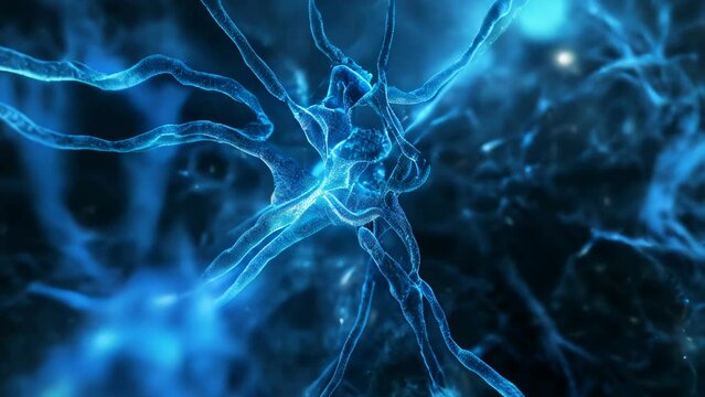 Blue glowing image representing electrical activity at the synapse of neuron cells
