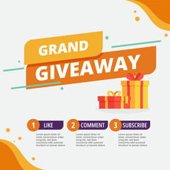 Grand giveaway vector banner, orange colours with gift boxes and entry instructions, contest social media posts