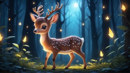 Cute baby deer in a mystical, glowing forest at night, Cute baby animals, Cute animals	