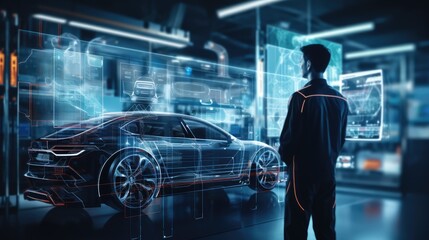 engineer checking and touching on auto design hologram in lab, Diagnostic Auto in HUD style on big screen, EV car concept, Generative AI - obrazy, fototapety, plakaty
