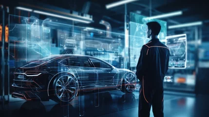 Muurstickers engineer checking and touching on auto design hologram in lab, Diagnostic Auto in HUD style on big screen, EV car concept, Generative AI © khwanchai