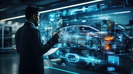 Obraz premium engineer checking and touching on auto design hologram in lab, Diagnostic Auto in HUD style on big screen, EV car concept, Generative AI