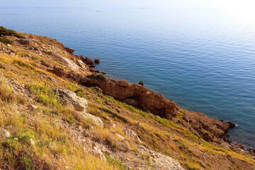 Beautiful view of Biokovo mountain and Adriatic Sea in Brela, Croatia.