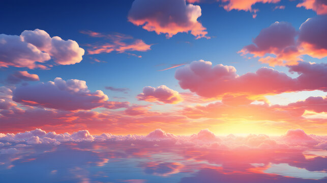 Beautiful aerial view above pink fluffy clouds at sunset or