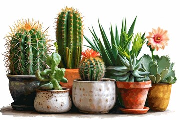 Colorful Flower cactus plants and cactus pots set on white background