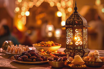 Adorned table for Iftar, A beautifully adorned table for Iftar, featuring dates, traditional sweets, and a glowing lantern centerpiece
