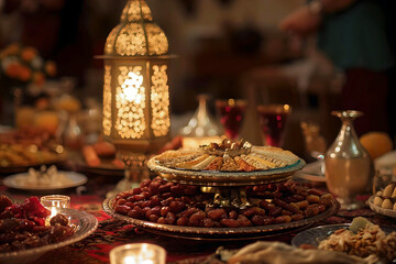 Adorned table for Iftar, A beautifully adorned table for Iftar, featuring dates, traditional...