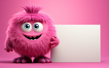 A cute little creature with a blank note for a message on a vibrant pink background. Copy space.
